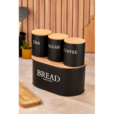Durable Metal Storage Box Set (4 Pieces), Black, Bread Box: 11.8 x 7.5 x 5.9 in | 3 Small Boxes: 3.9 x 4.3 x 4.0 in Each | Stylish Wooden Lids, Perfect for Kitchen Organization, Not Dishwasher or Microwave Safe