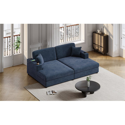 86.5" Oversized Loveseat Chaise Lounge Sectional Sofa Bed Corduroy Sleeper Sofa With Two USB Ports