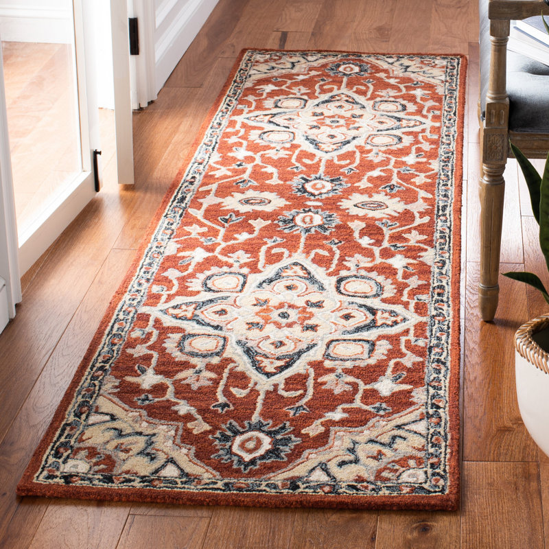 Tapis oriental rouge / noir en laine / coton / latex touffeté à la main Brac, Tapis de couloir 2 pi 3 po x 8 pi