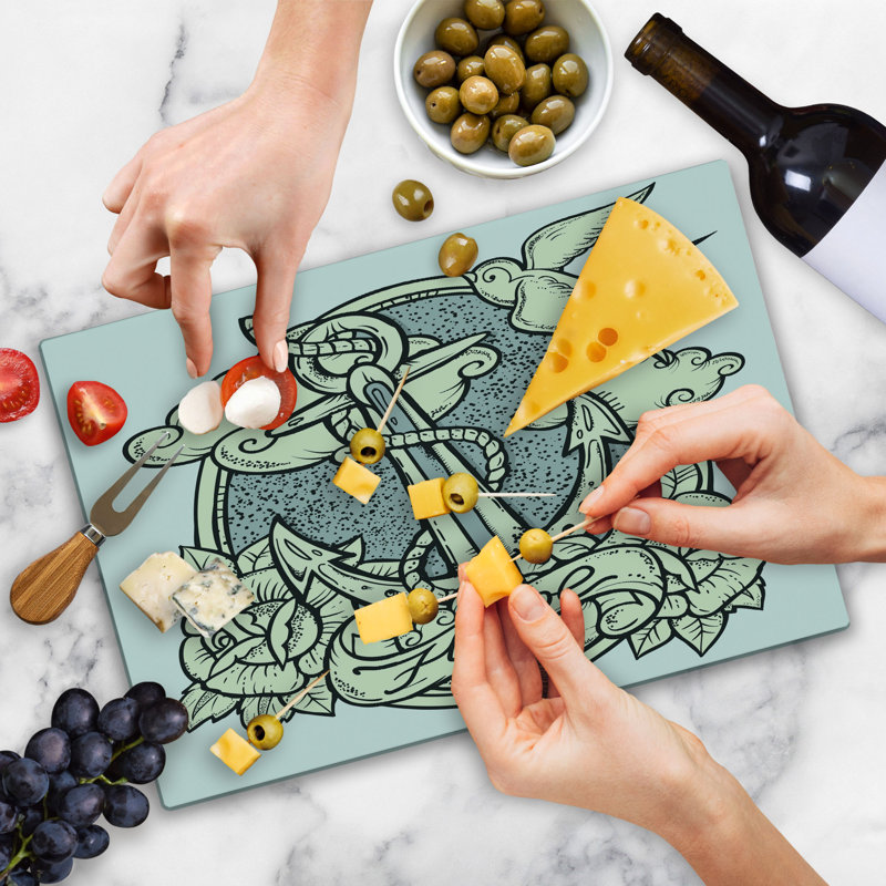 Ambesonne Antique Cutting Board Large Size Anchor and Roses Clouds Eggshell Grey