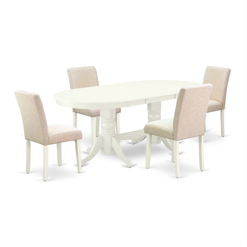 L'ensemble de table de salle à manger 5 pièces comprend une table de cuisine ovale avec rallonge papillon et 4 chaises Parsons en tissu beige clair, lin blanc