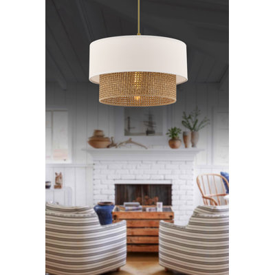 Elegant Metal Chandelier with Cotton Shade, Beige & White, 25.6 x 25.6 x 7.9 inches | CE Certified, E27 Socket (Max 60W) | Modern Design for Dining Room, Living Room & Entryway, Stylish & Functional Lighting Solution