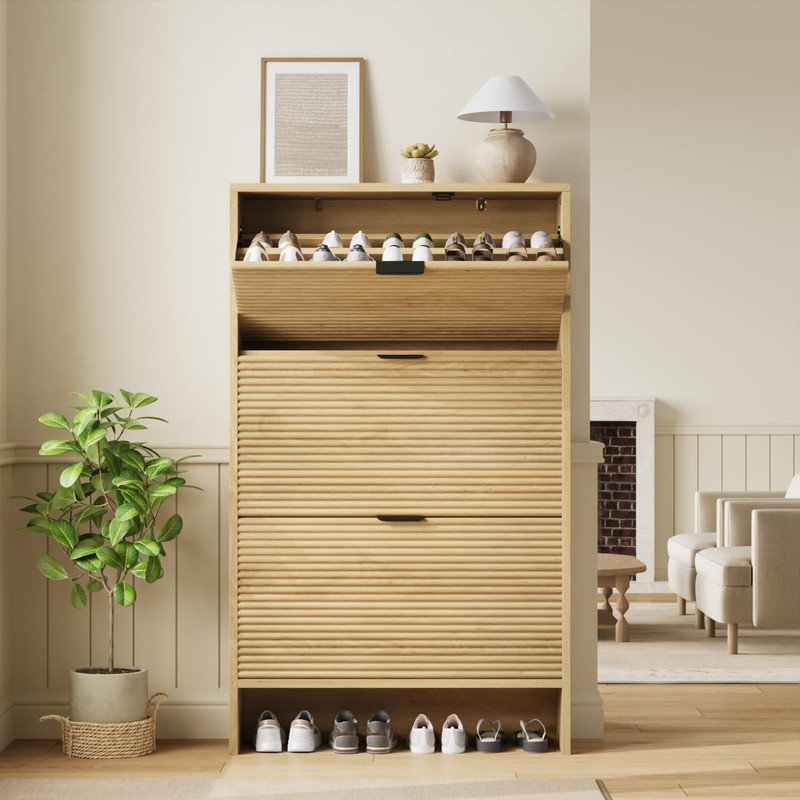 Armoire à chaussures pour le vestibule, armoire à chaussures cannelée avec 3 portes à tiroir rabattable, support caché de 32 po de largeur pour le couloir