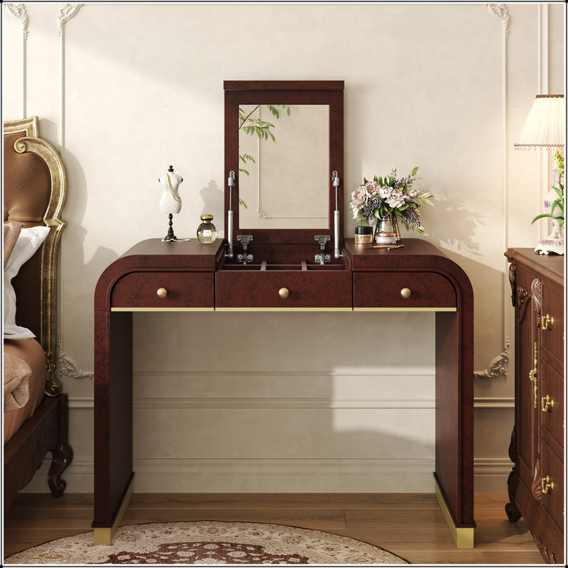 3-in-1 Classic Wood Vanity Desk with Flip Mirror, 2 Drawers and Storage Space for Bedroom, Espresso