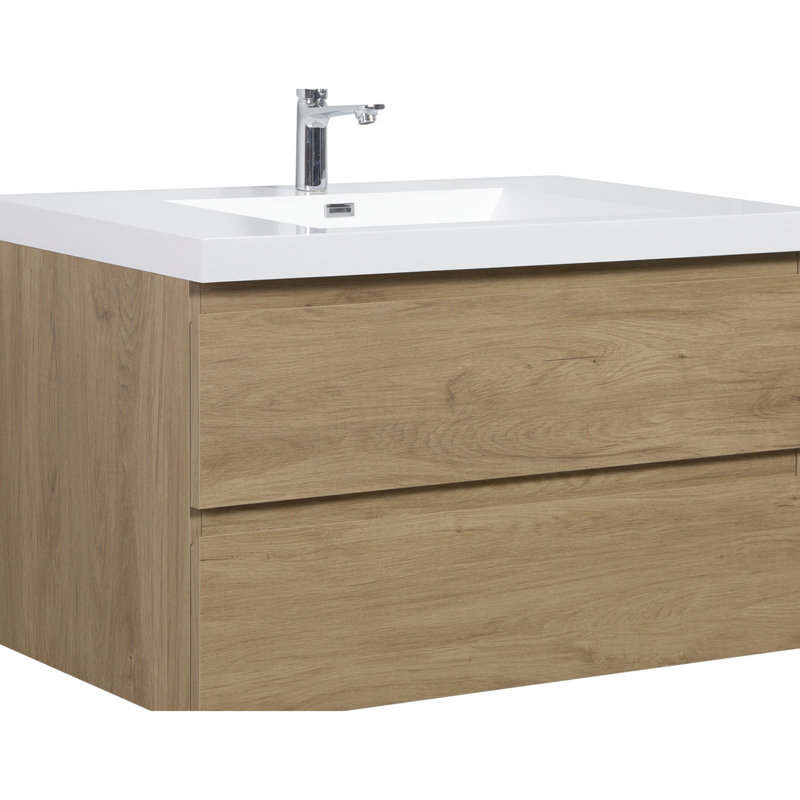 Meuble-lavabo 42 po avec lavabo en résine, bois de chêne naturel et tiroir à fermeture en douceur