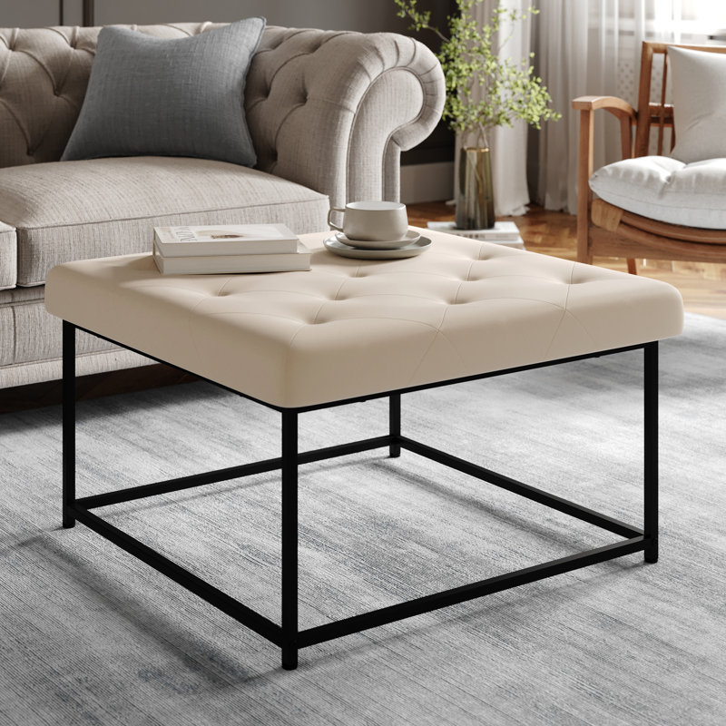 Makaiden 30" Square Upholstered Tufted Ottoman with Metal Frame, Beige