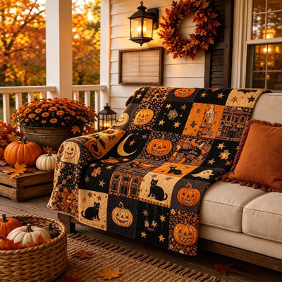 Décoration d'Halloween vintage : jeté matelassé en flanelle avec citrouille, motif citrouille, pour canapé.