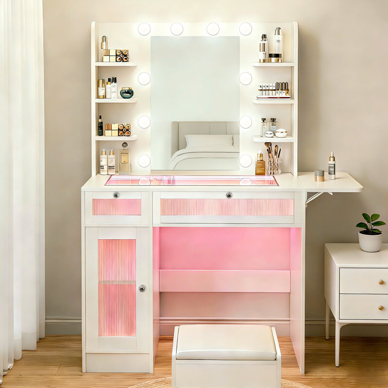 Coiffeuse de maquillage tout-en-un avec lumières et prise de courant et bureau transparent