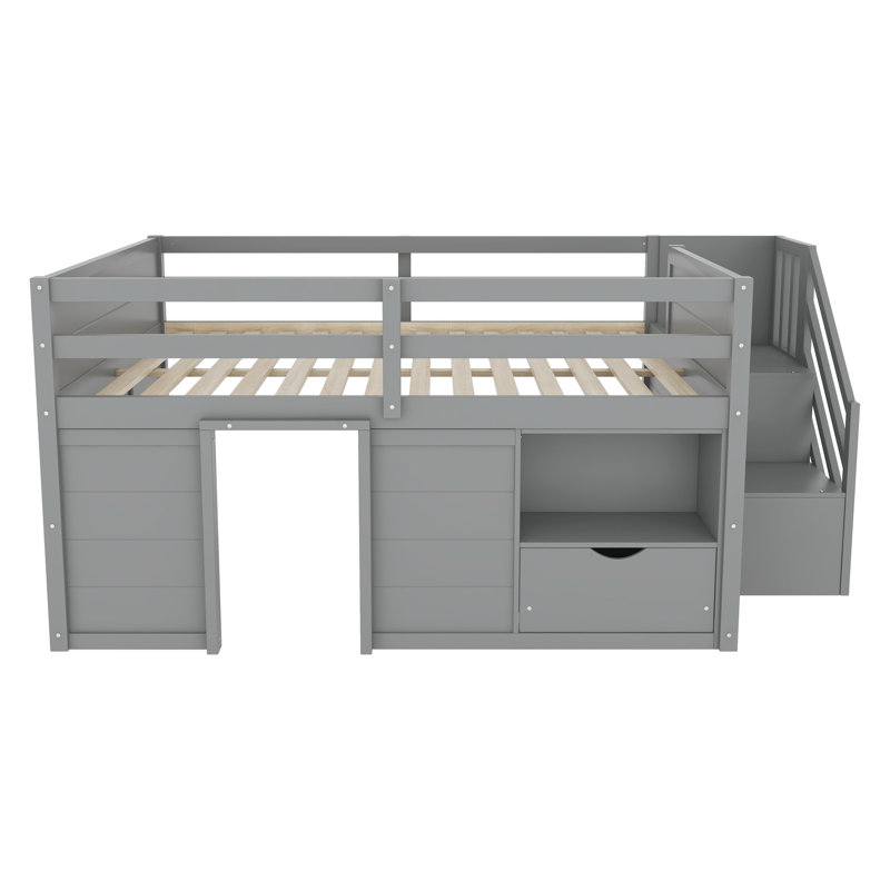Lit mezzanine bas avec escalier intégré, tiroir de rangement et tablette TimberNook, Gris
