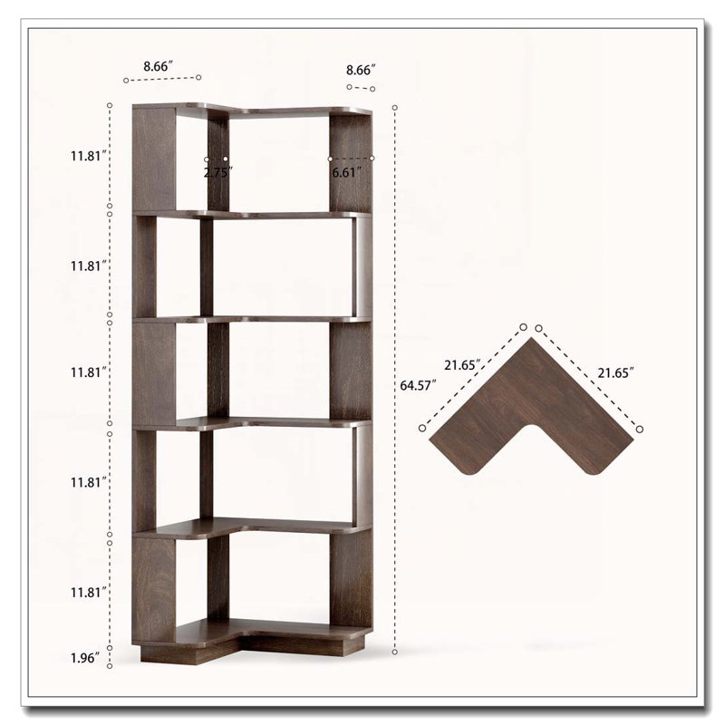 6 Tier Freestanding L-Shaped Corner Bookshelf For Living Room, Dark Brown