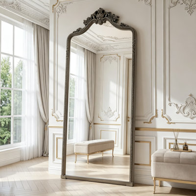 Bronze Arched Full Length Mirror With Stand, 71X32 Inch Ornate Vintage Floor Mirror For Leaning Or Hanging, Baroque Antique Full Body Mirror For Wall Decor, Living Room, Bedroom