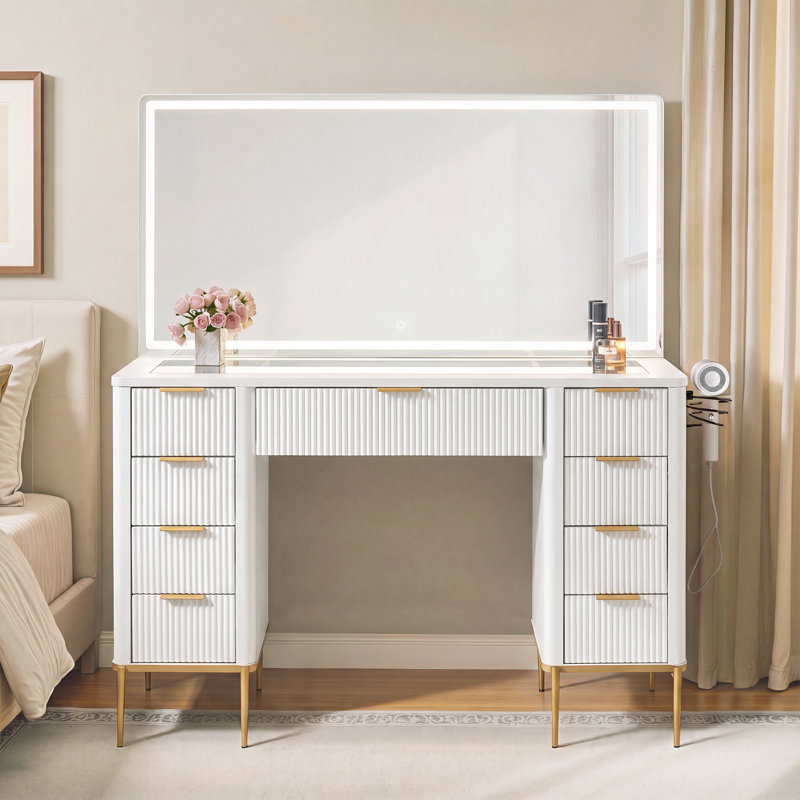 Coiffeuse de maquillage 48 "avec miroir et lumières, coiffeuse de maquillage avec 9 tiroirs avec prise de courant, coiffeuse à éclairage réglable pour chambre à coucher