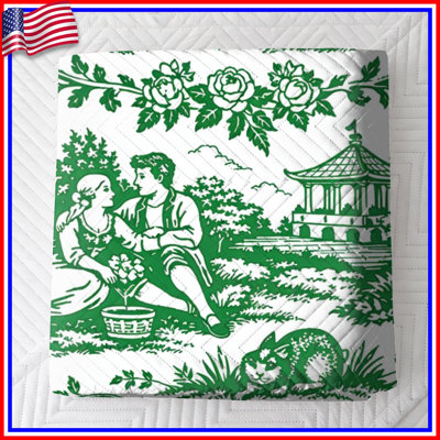Green Scenic Toile Quilted Bedspread All Sizes