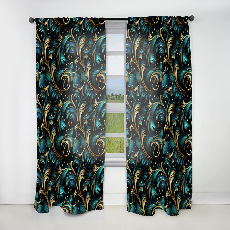 Gold And Blue Luxury Damask Serenade IV - Bohemian Velvet Curtain - Room Darkening - 1 Panel, 52" W x 84" L