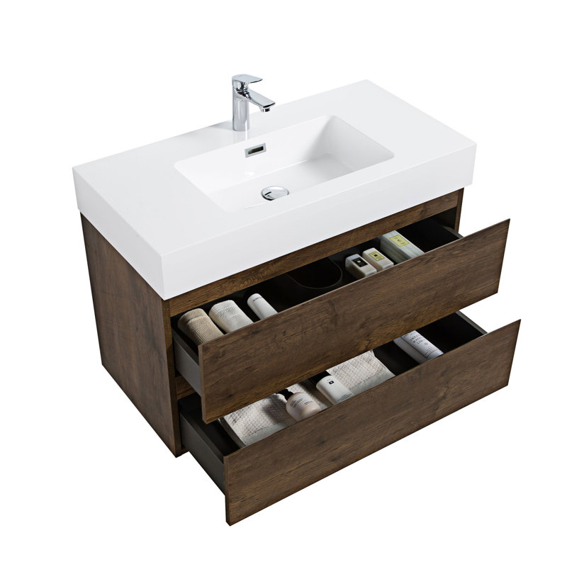 Rosehill Wall Mounted Single Bathroom Vanity with Engineered Stone Top, White, Walnut