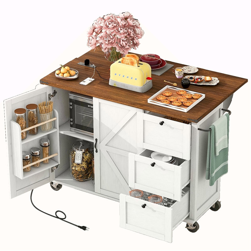 Îlot de cuisine de 54,5 po avec prise de courant, îlot de rangement avec support de rangement interne, abattant, support à épices, chariot de cuisine sur roulettes, pour la maison, la cuisine et la salle à manger