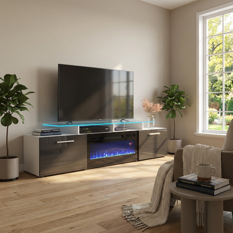 Aiyah 75" Modern TV Stand with Electric Fireplace, High Gloss Finish, Media Storage, White/Gray