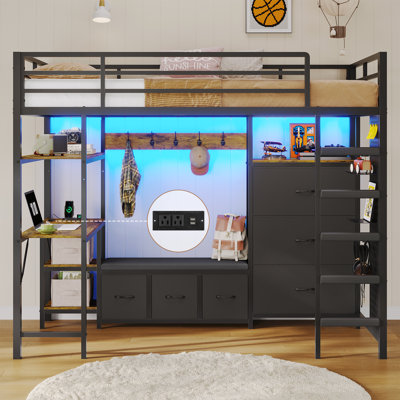 Lit mezzanine simple avec 6 tiroirs de rangement, portemanteau et tablettes ouvertes, lit mezzanine simple avec bureau, station de charge et lumières à DEL, lits mezzanine en métal avec grand panneau perforé, barrière de sécurité et échelle, noir