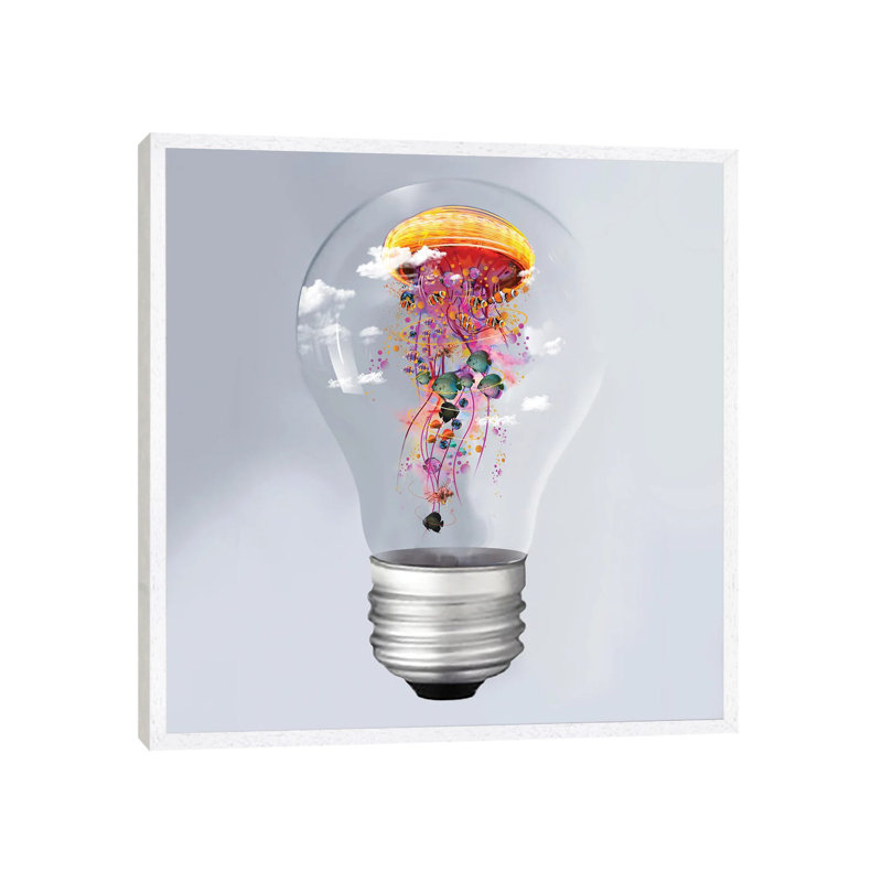 Electric Jellyfish In A Lightbulb by David Loblaw - Print on Canvas, 66.04 cm H x 66.04 cm W, White Framed