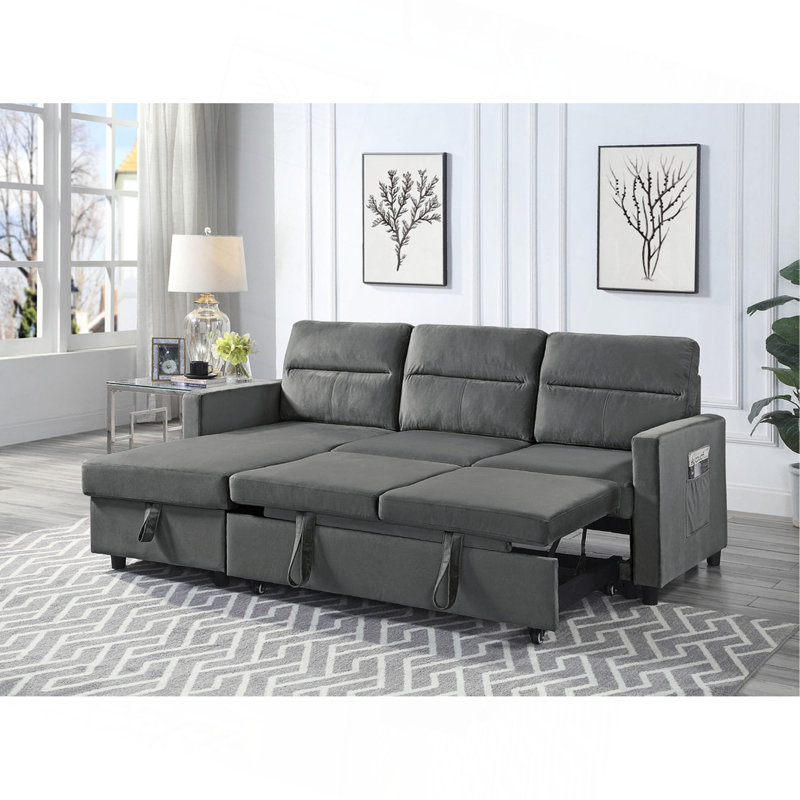 Ivy 81.5" Dark Grey Velvet Reversible Sleeper Sectional Sofa With Storage Chaise And Side Pocket