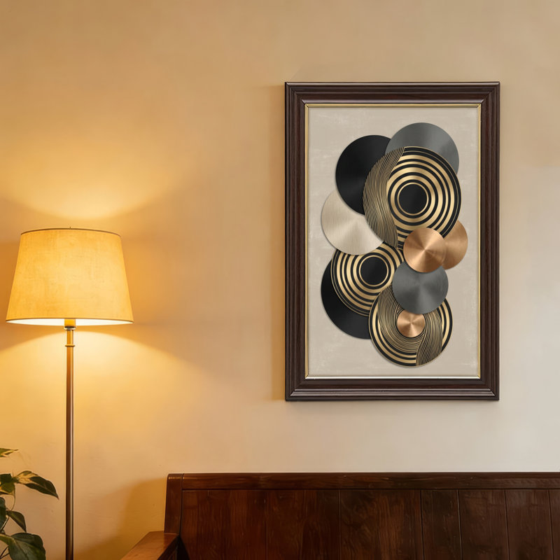Art mural antique sur toile encadré doré pour le salon, la chambre à coucher, le bureau ou le vestibule - Décoration murale décorative avec cercles géométriques