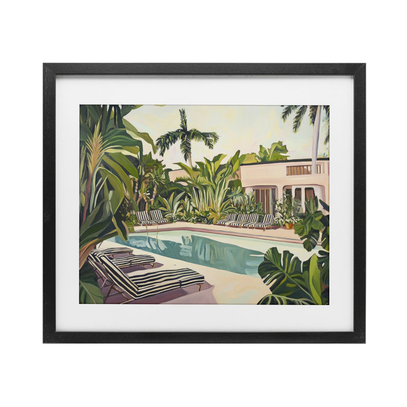 Chaises longues Poolside Resort, 13 x 16, Midnight Black Under Glass Framed