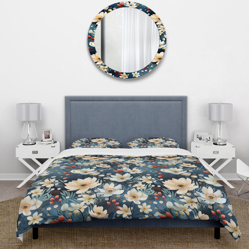 White And Blue Magnolias Charm Floral Pattern II - Ensemble de housse de couette à motif floral
