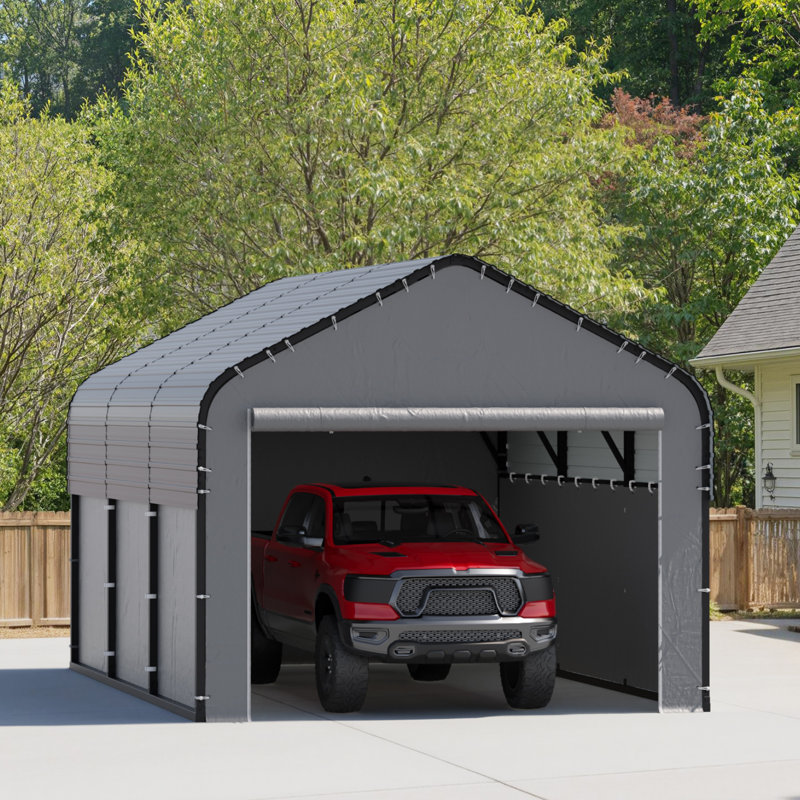 10 Ft. W x 16 Ft. D Heavy-Duty Metal Carport with Galvanized Roof & Fabric Walls, Solar Light, All-Weather Shelter Rated 35psf Snow - Gray