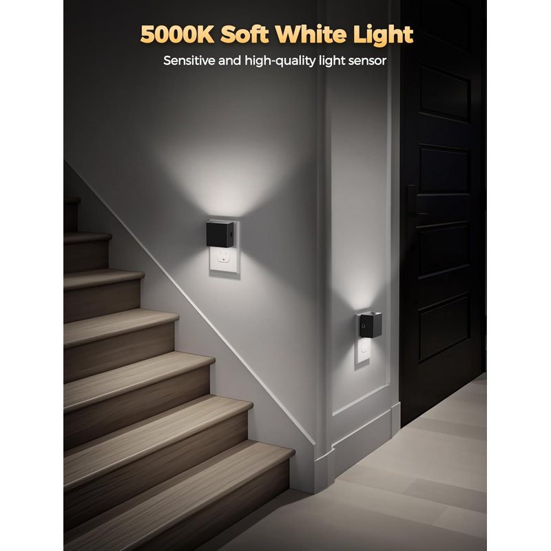 Night Light 2-Pack Plug In Wall Lights Dimmable With Light Sensor 5000K Daylight White Modern Nightlight For Bathroom Hallway Kitchen Decor