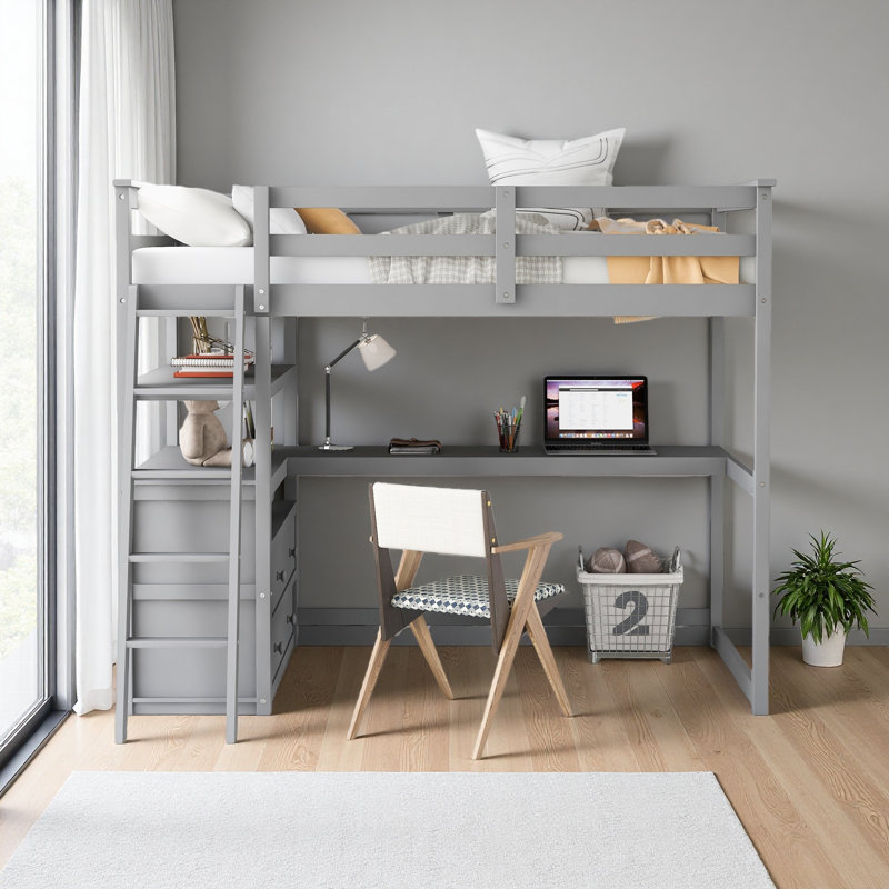 Twin Size Loft Bed With Desk And Shelves, Two Built-In Drawers, Gray, Twin