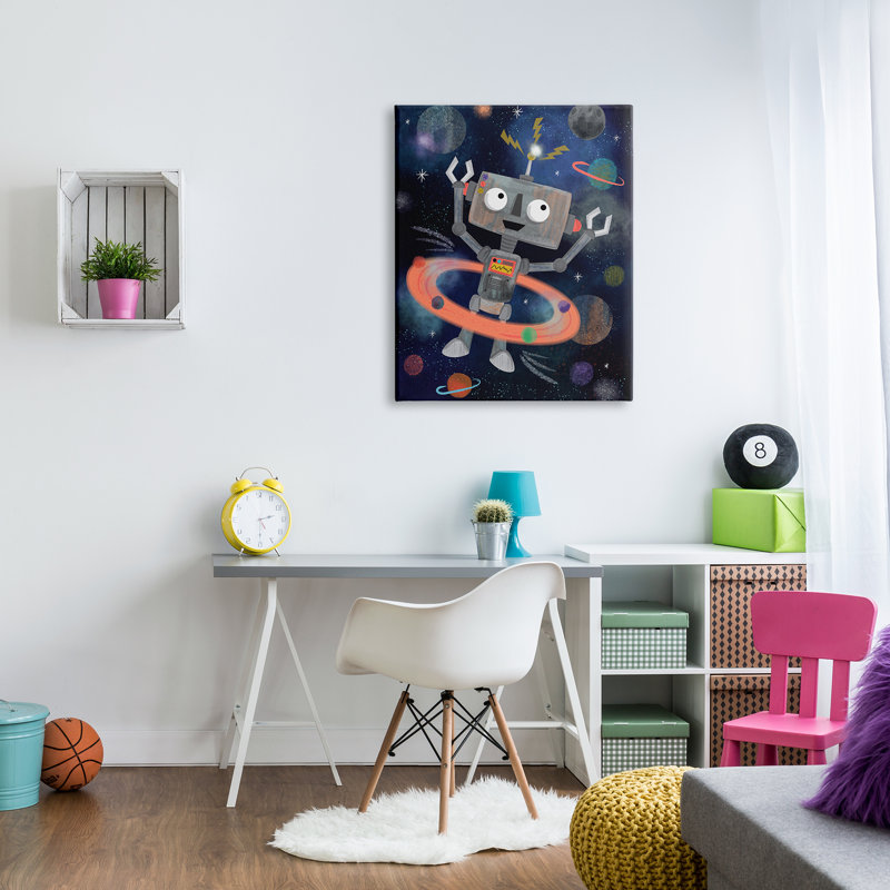 «Quirky Robot Outer Space Universe Surrounding Planets» par Lisa White boutons - reproduction d'art sur toile tendue