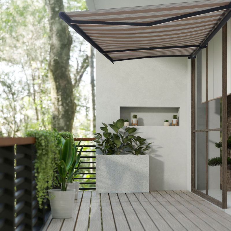 Italian Series Full Cassette Motorized Patio Awning With App + Remote, Beige Striped, 16' W x 10' D