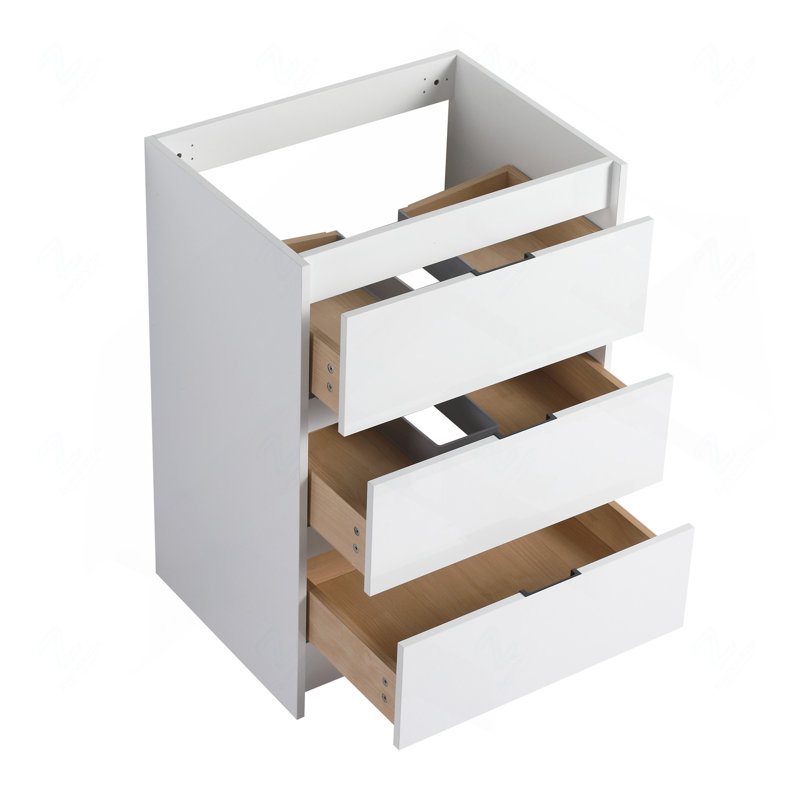 Armoire de salle de bain autoportante 24 po, 3 tiroirs à fermeture en douceur blanc brillant (meuble-lavabo seulement)