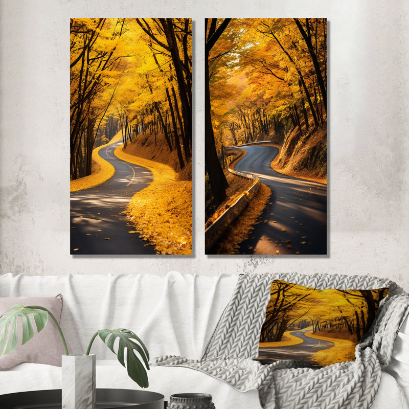 Automne, route jaune dans la forêt I - ensemble de salon mural art mural 2 pièces, H 40 po x l 41 po, Toile tendue