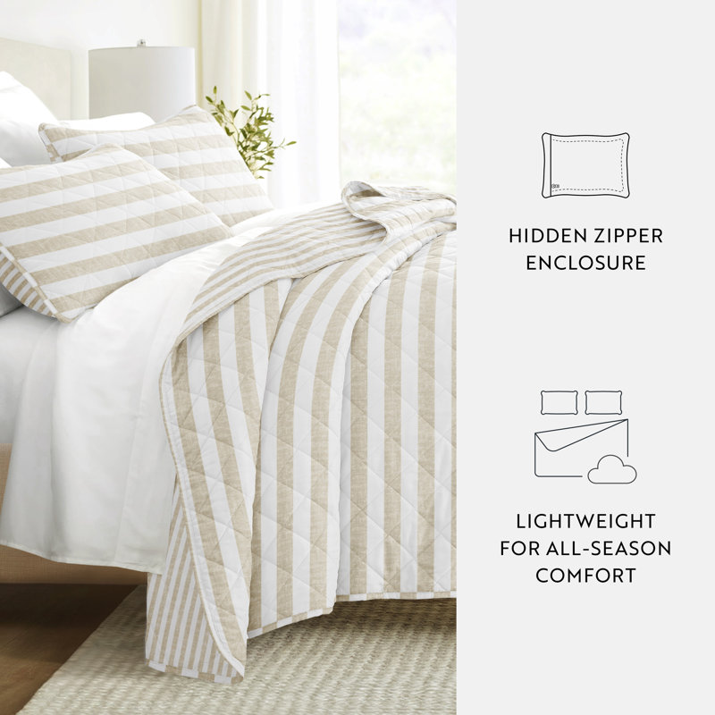 Natural Beige and White Striped Microfiber Full Quilt Set