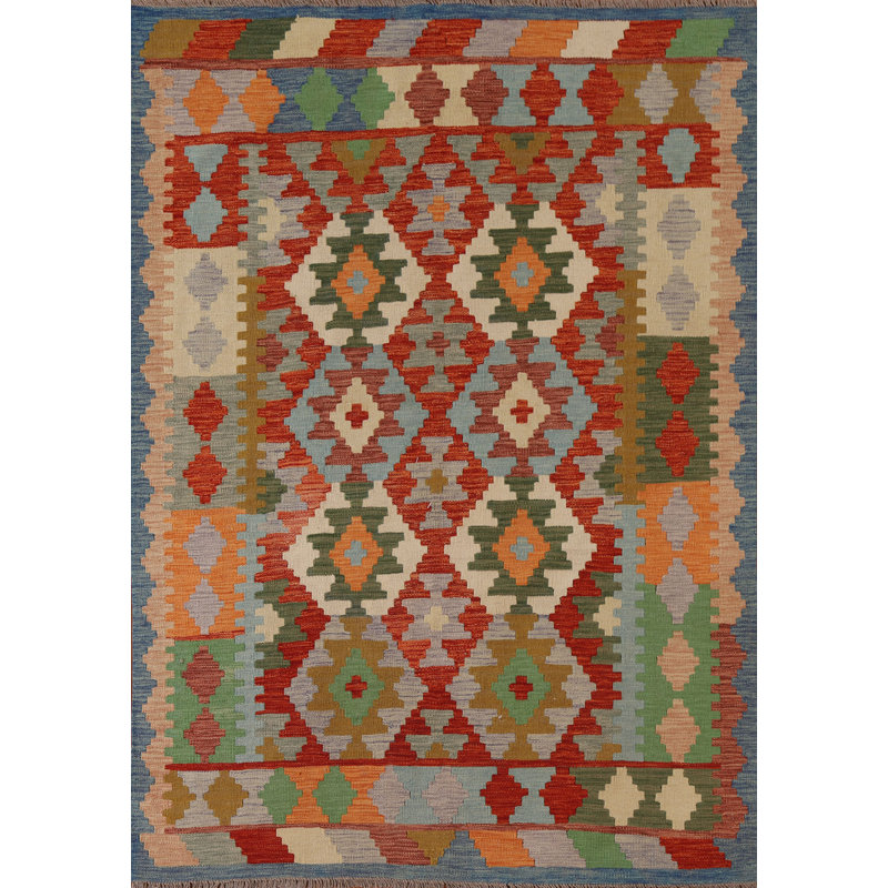 Geometric Handmade Flatweave Rectangle 4'9" x 6'4" Wool Area Rug in Red/Blue/Orange