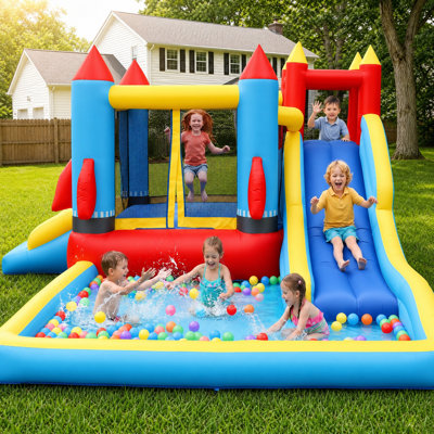 7-in-1 Inflatable Bounce House with Dual Slides, Splash Pool, and Climbing Wall - Includes 450W Blower & Carry Bag