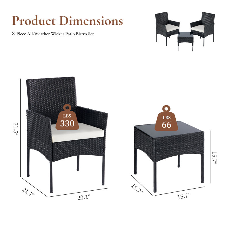 3 Piece Patio Set with 9×15 Ft Umbrella and Base, Wicker Outdoor Furniture Set, Black