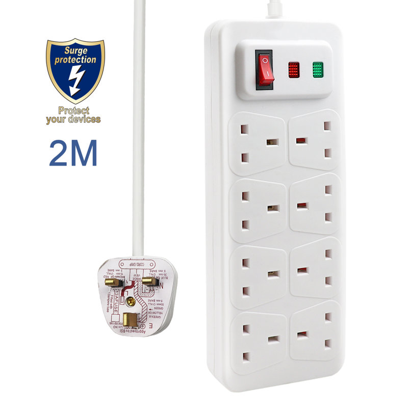Wall Mounted 8 Way Extension Leads with Surge Protection 13A UK Plug,2M Cable