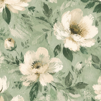 Peel and Stick Wallpaper Vintage White Peony Floral Green Contact Paper Removable Self Adhesive Wall Mural Wall Decor for Bedroom Kitchen Cabinets 17.7in x 118in