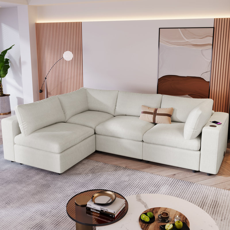 Dextin Upholstered L-Shaped Sectional Reversible, Beige 100% Polyester