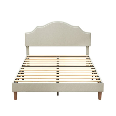 Queen Size Bed Frame Upholstered Platform Bed with Adjustable Headboard,Linen Fabric Padded,Modern Simple Style Platform Bed, Beige