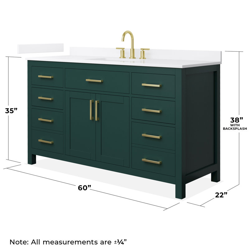 Beckett 60" Freestanding Single Bathroom Vanity with Quartz Top, Brushed Gold, White Quartz, Green