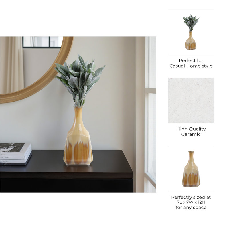 Cylindrical Tapered Ceramic Tall Flower Vase for Home Decor - Modern Glazed Vase for Living Room Table or Entryway Styling - Tan & Ivory