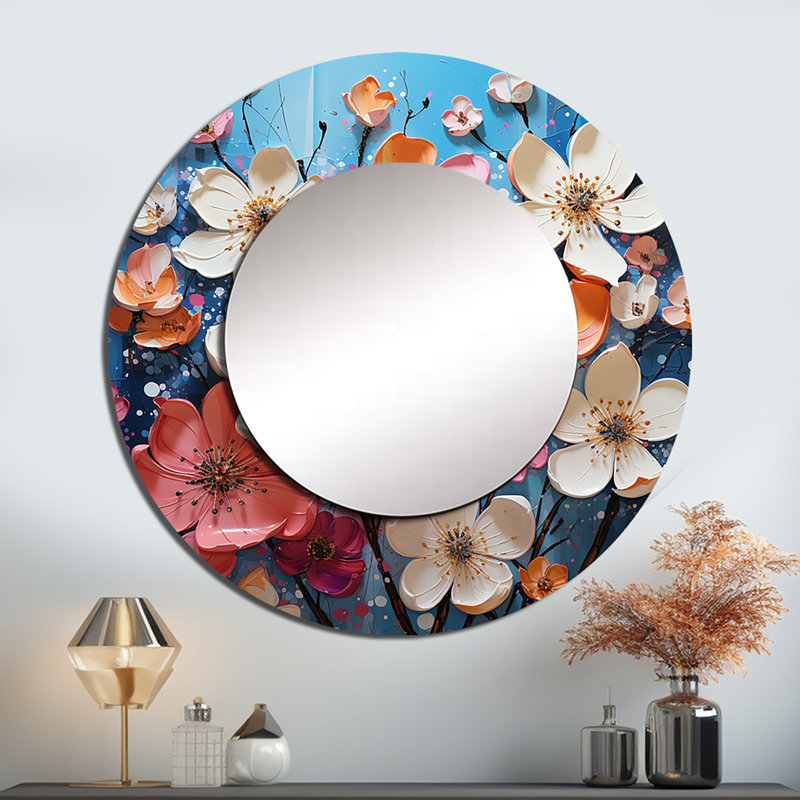 Reyden bleu et rose cornouiller IV - miroir mural cornouiller, miroir rond bleu, 23 po x 23 po