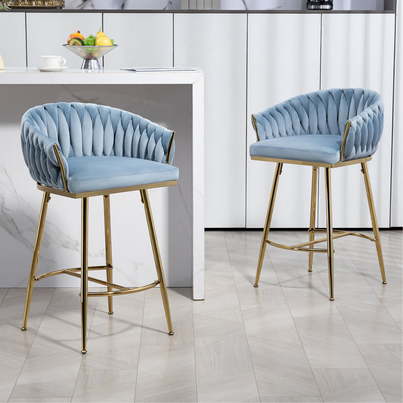 Ensemble de 2 tabourets de bar 26 po à hauteur de comptoir avec dossier ondulé à la main, base chromée dorée et repose-pieds 26 po