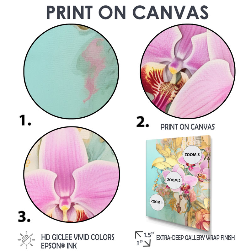 Orchidées roses, délicatesse dorée, bleu rétro - orchidée murale, salon, Cadre flottant blanc, bois massif, H 44 po x l 34 po