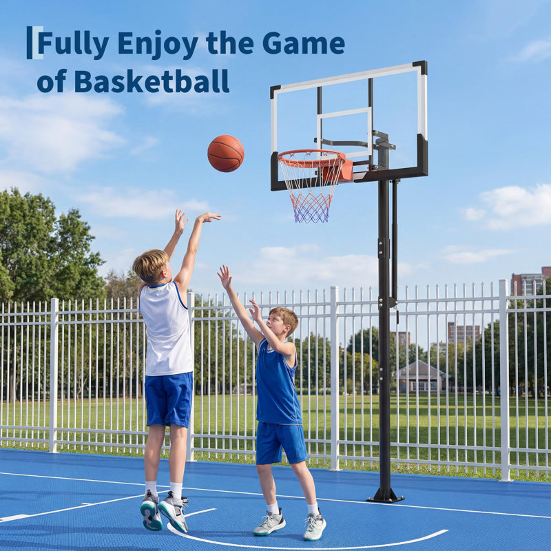 Cerceau de basketball dans le sol de 54 po de hauteur réglable 7,7 à 10 pi avec manivelle, panneau arrière en PC et rebord en acier