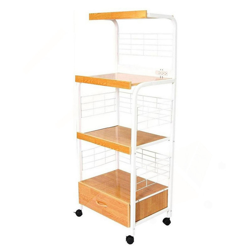 59.5" Tall Microwave Kitchen Cart With Drawer And Outlet, Natural/White