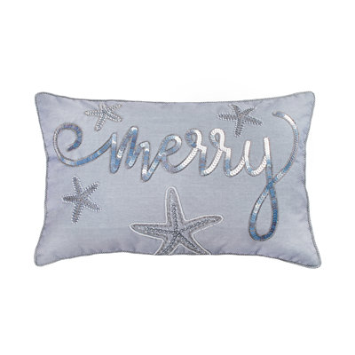 HGTV Home Collection, 14" x 22" Coastal Embroidered "Merry" Pillow, Blue